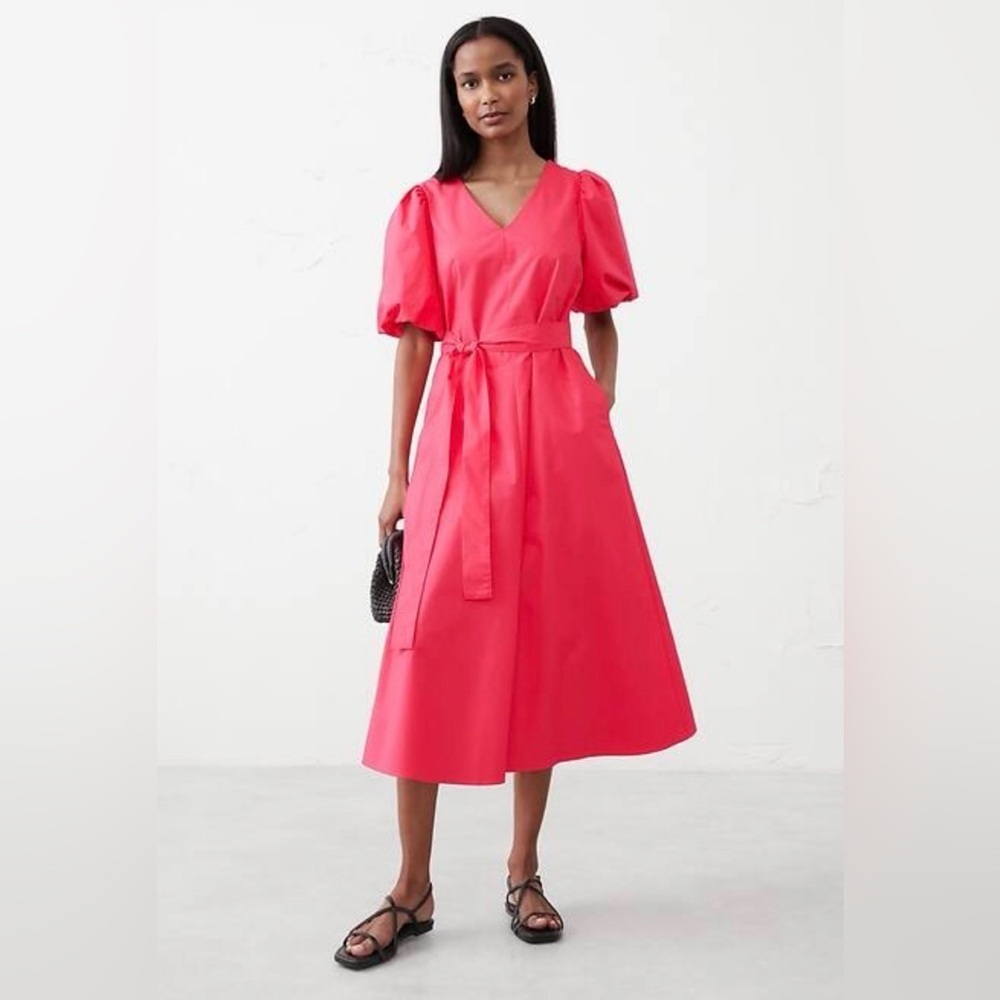 NWT BANANA REPUBLIC PUFF-SLEEVE POPLIN MIDI DRESS, SIZE XS